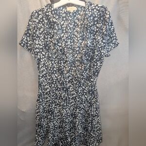 LOFT Blue and White Patterned Midi Wrap Dress